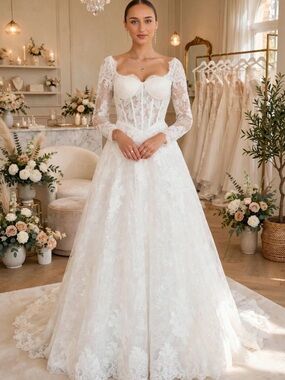 Lace Long-Sleeve Bridal Ball Gown Dress in White